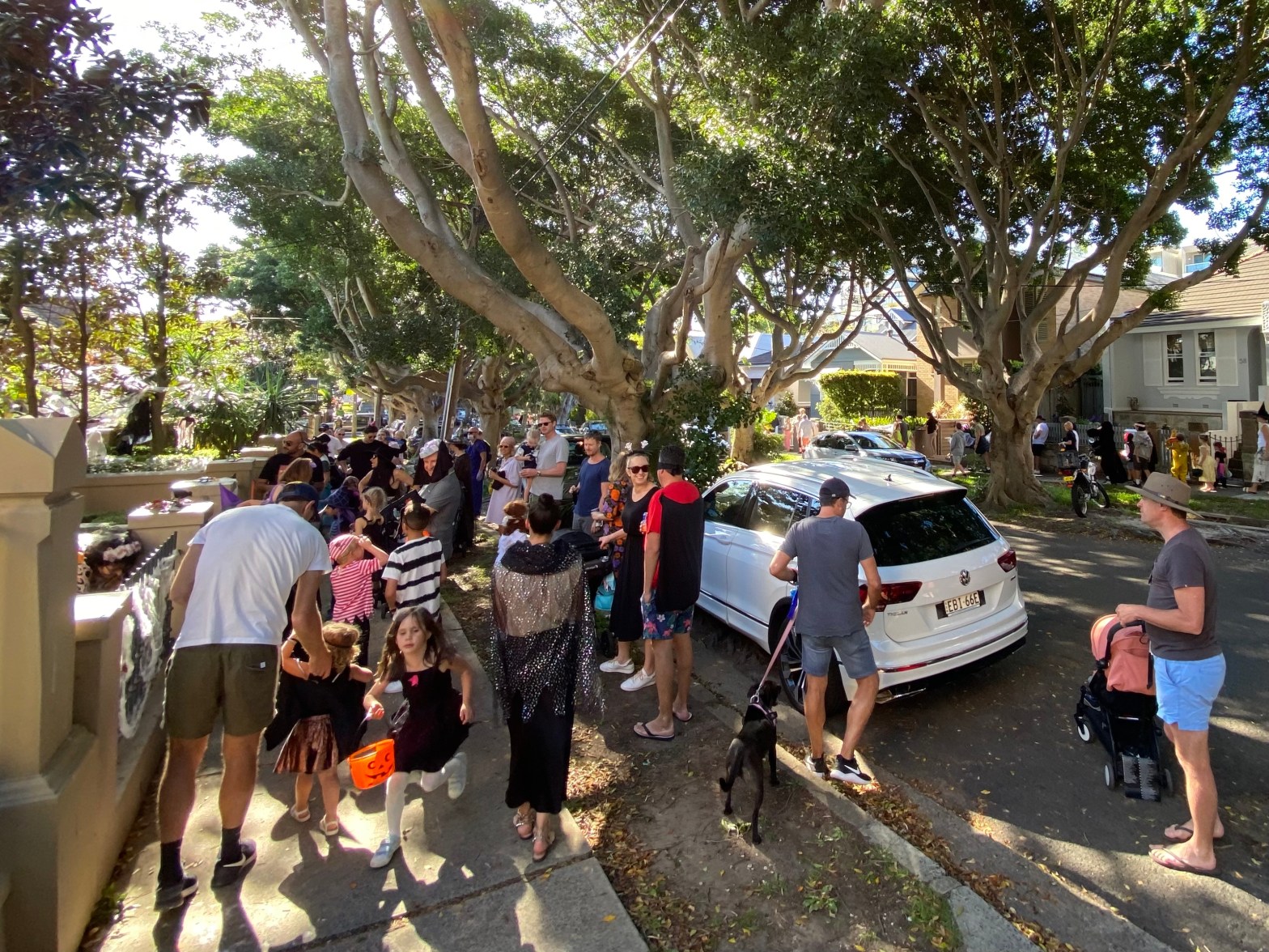 People walking along residential street during Halloween